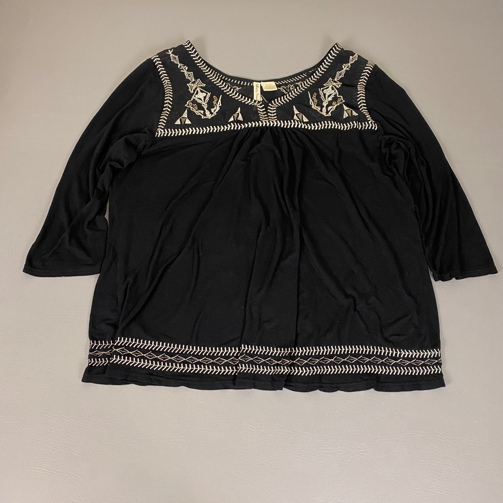 Simply Irresistible Blouse Women's 3X Black Embroidered Boho Peasant 3/4 Sleeve